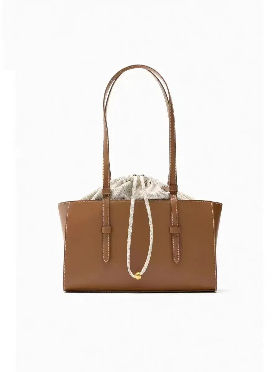 Fashionable Soft Leather Shoulder Bag with Drawstring Closure