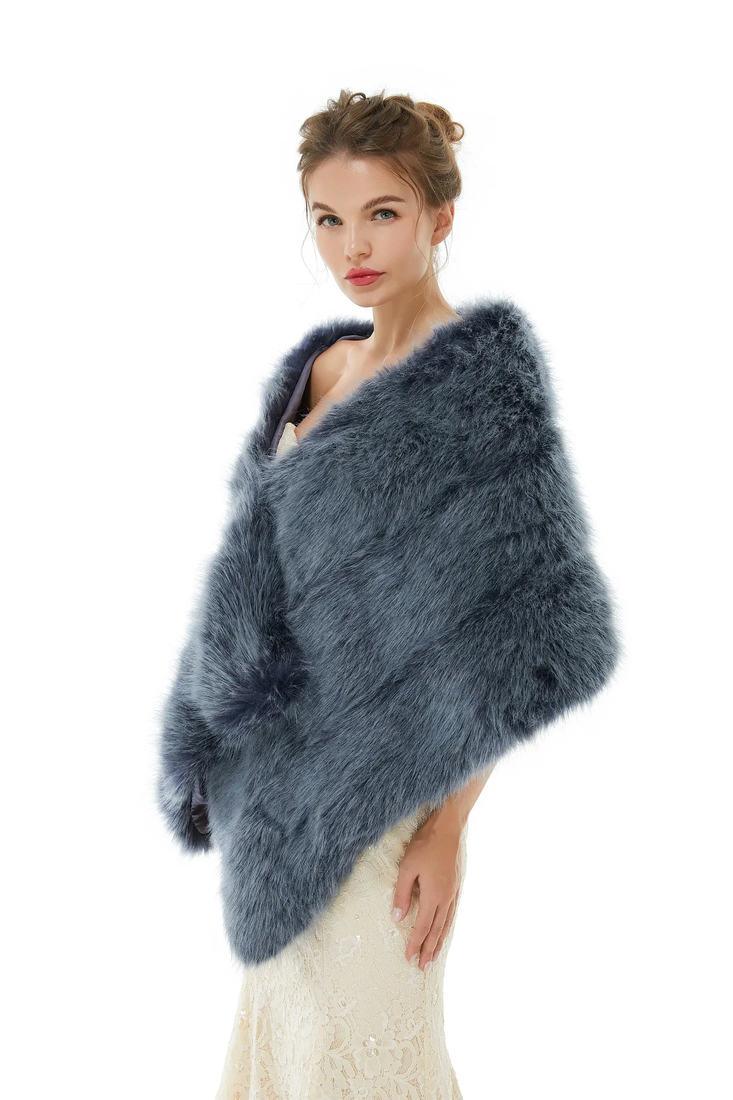 Faux Fur Jacket Women Navy Winter Wrap Shawl Poncho Cape Coat