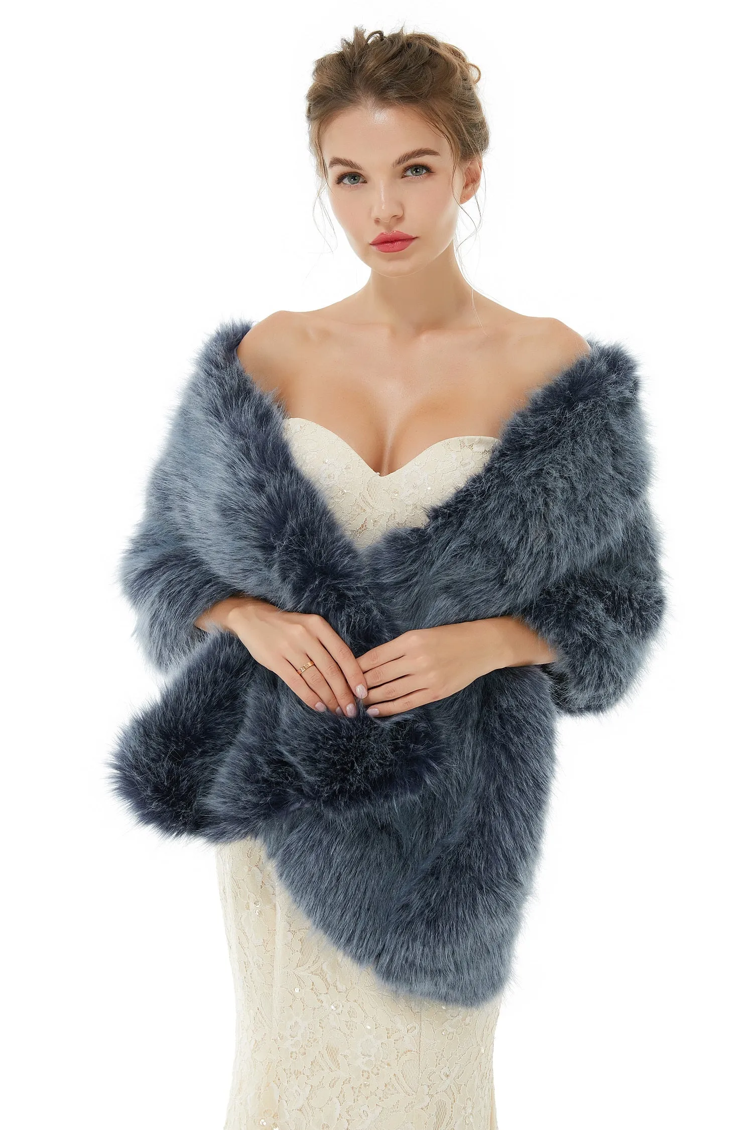 Faux Fur Jacket Women Navy Winter Wrap Shawl Poncho Cape Coat