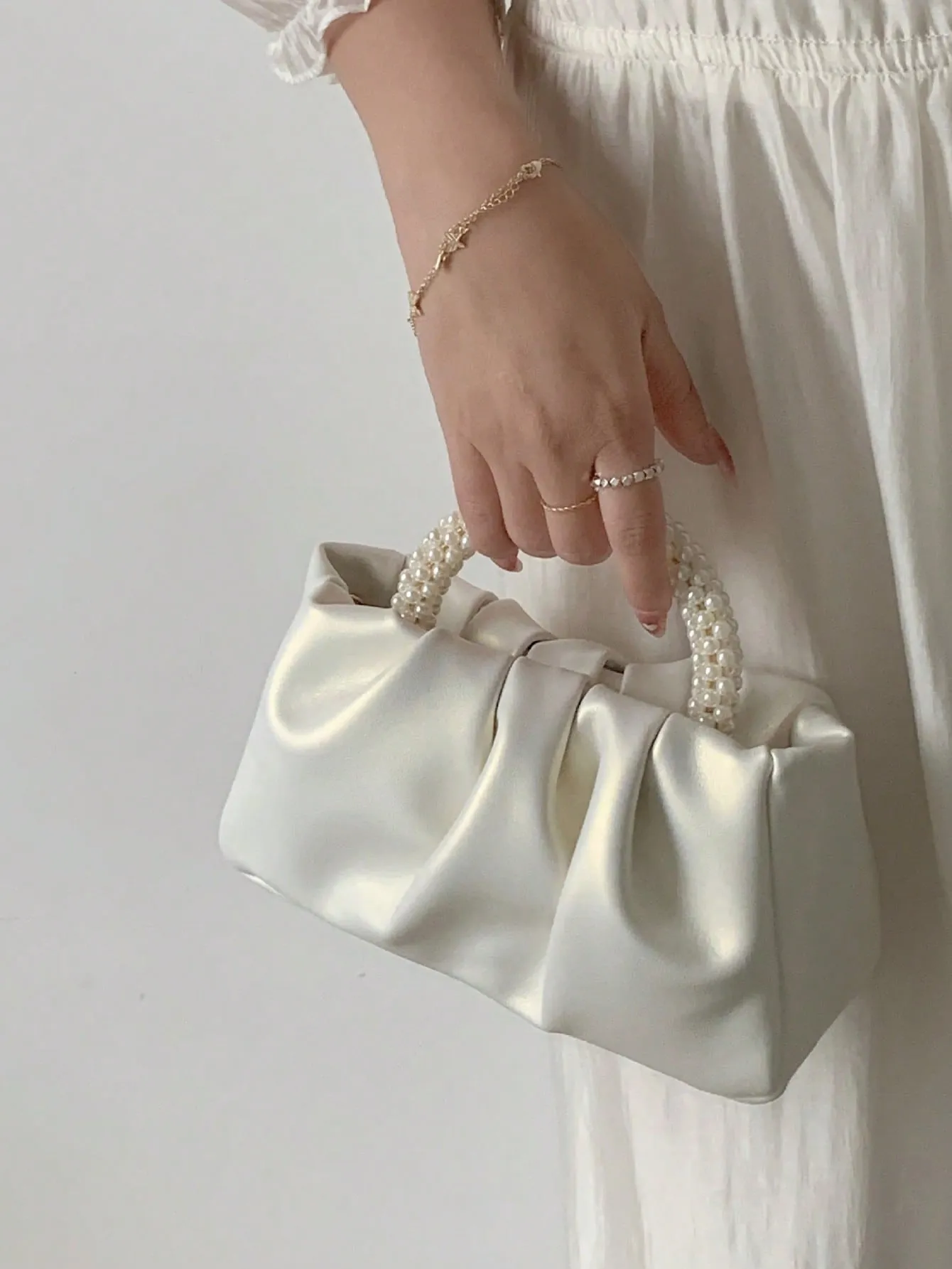 Faux Pearl Decor Top Handle Small Ruched Bag