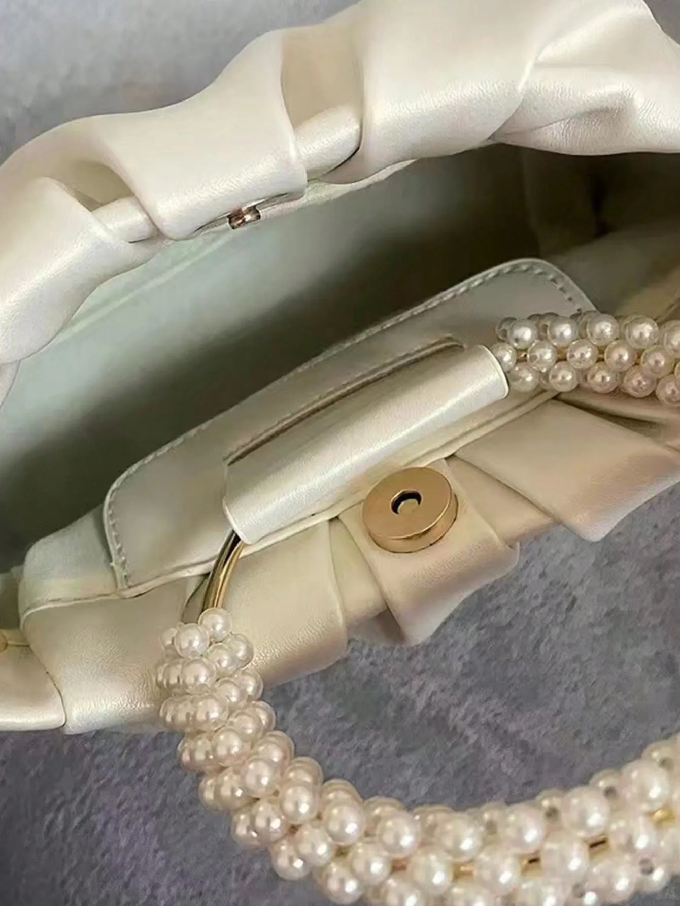 Faux Pearl Decor Top Handle Small Ruched Bag