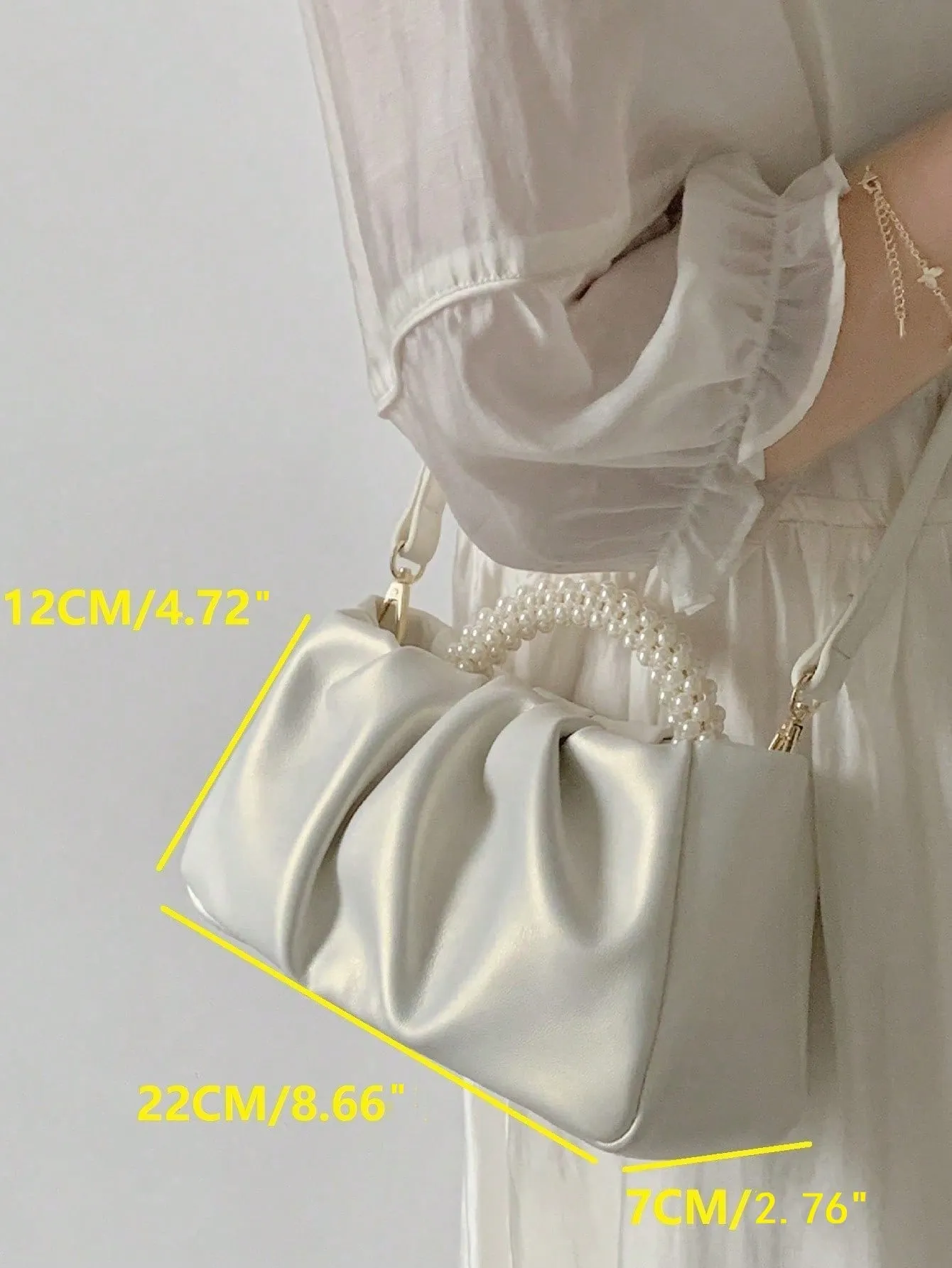 Faux Pearl Decor Top Handle Small Ruched Bag