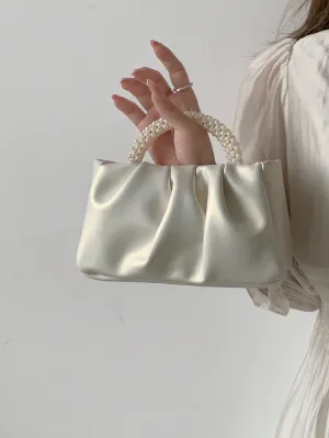 Faux Pearl Decor Top Handle Small Ruched Bag