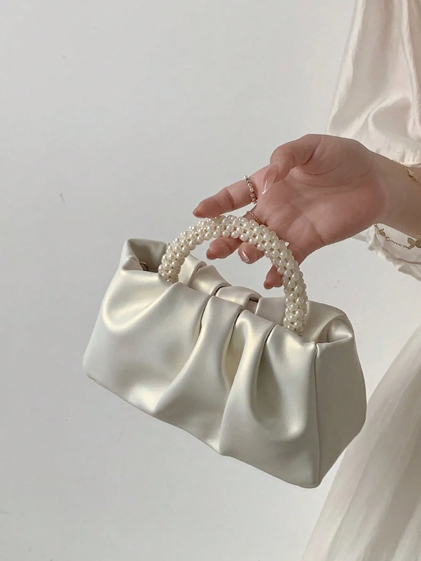 Faux Pearl Decor Top Handle Small Ruched Bag