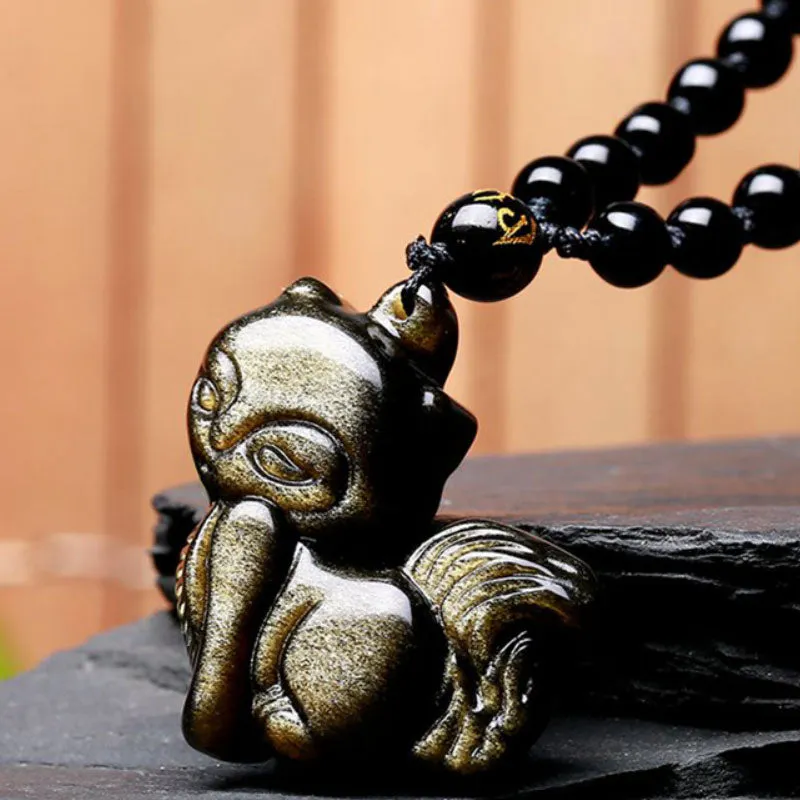 Feng Shui Auspicious Gold Obsidian Fox Pendant
