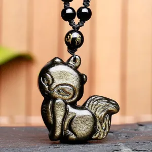 Feng Shui Auspicious Gold Obsidian Fox Pendant