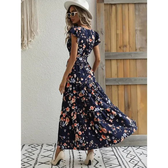 Floral Print Butterfly Sleeve Ruffle Hem Belted maxi Dress light cream