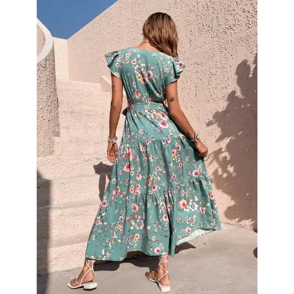 Floral Print Butterfly Sleeve Ruffle Hem Belted maxi Dress light cream