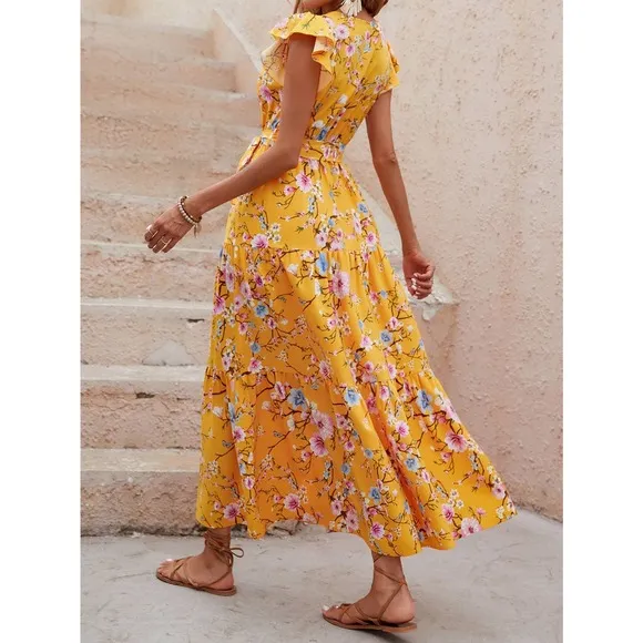 Floral Print Butterfly Sleeve Ruffle Hem Belted maxi Dress light cream