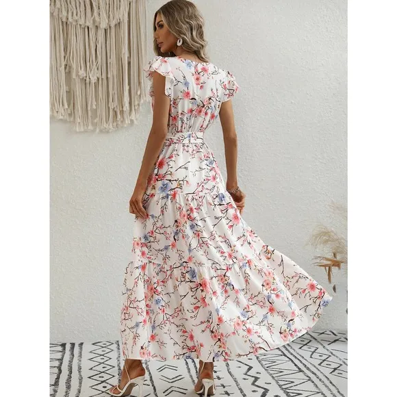 Floral Print Butterfly Sleeve Ruffle Hem Belted maxi Dress light cream
