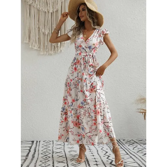 Floral Print Butterfly Sleeve Ruffle Hem Belted maxi Dress light cream