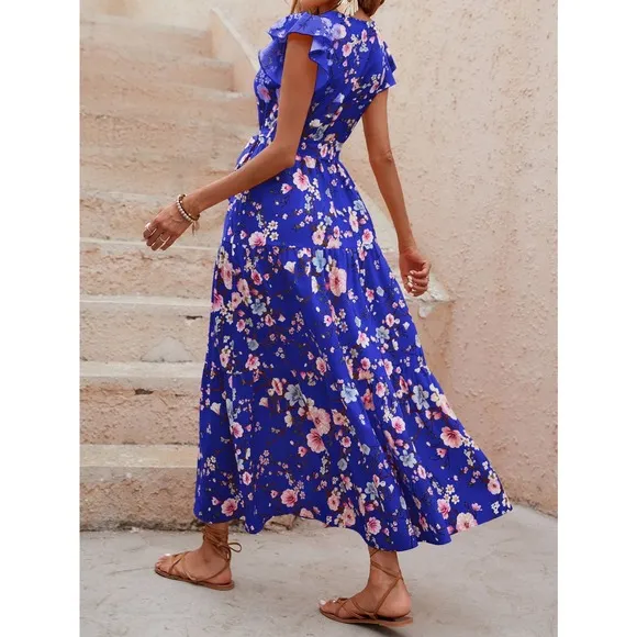 Floral Print Butterfly Sleeve Ruffle Hem Belted maxi Dress light cream