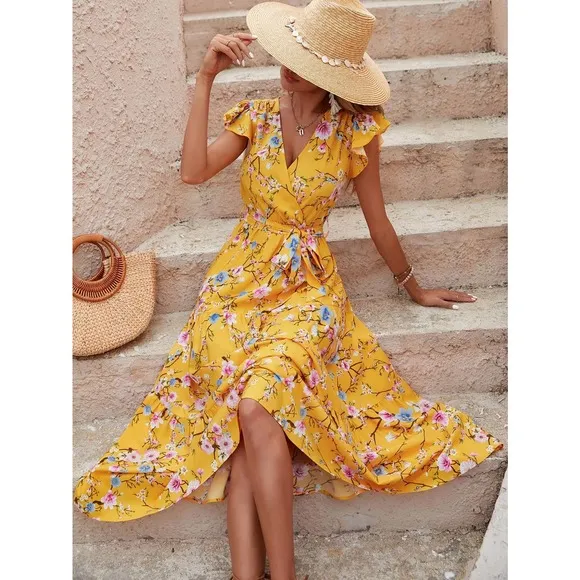 Floral Print Butterfly Sleeve Ruffle Hem Belted maxi Dress light cream