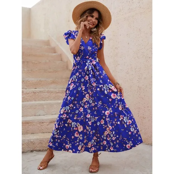 Floral Print Butterfly Sleeve Ruffle Hem Belted maxi Dress light cream