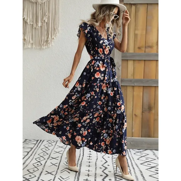 Floral Print Butterfly Sleeve Ruffle Hem Belted maxi Dress light cream