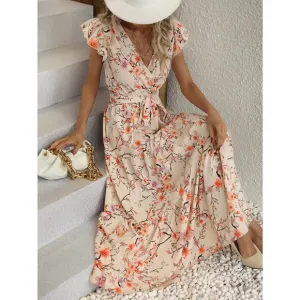 Floral Print Butterfly Sleeve Ruffle Hem Belted maxi Dress light cream