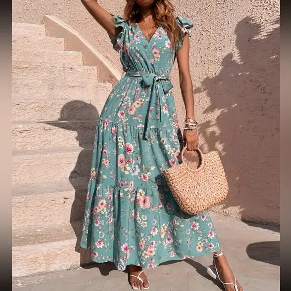 Floral Print Butterfly Sleeve Ruffle Hem Belted maxi Dress light cream