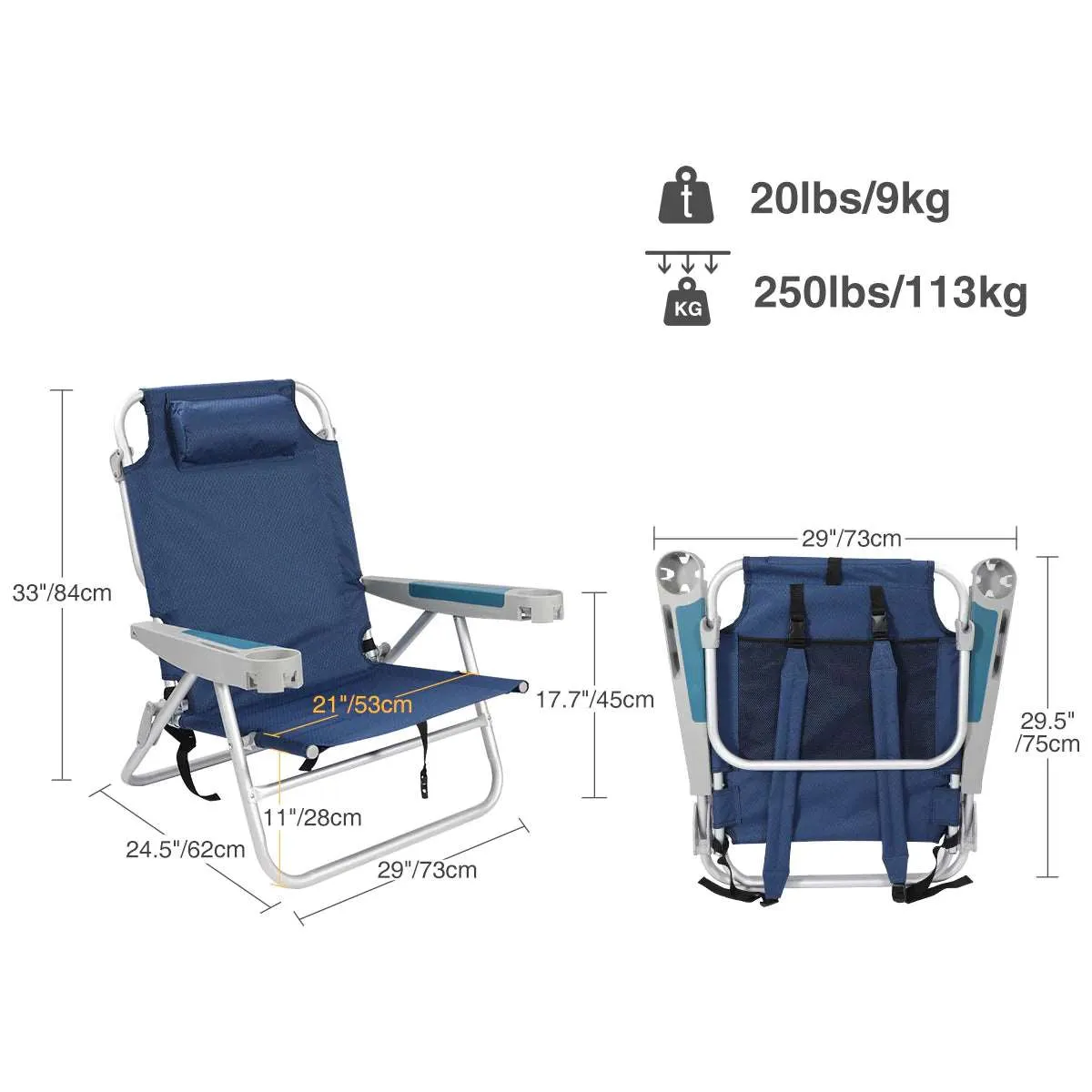Folding Backpack Beach Chair 2 Pack Aluminum 5-Position