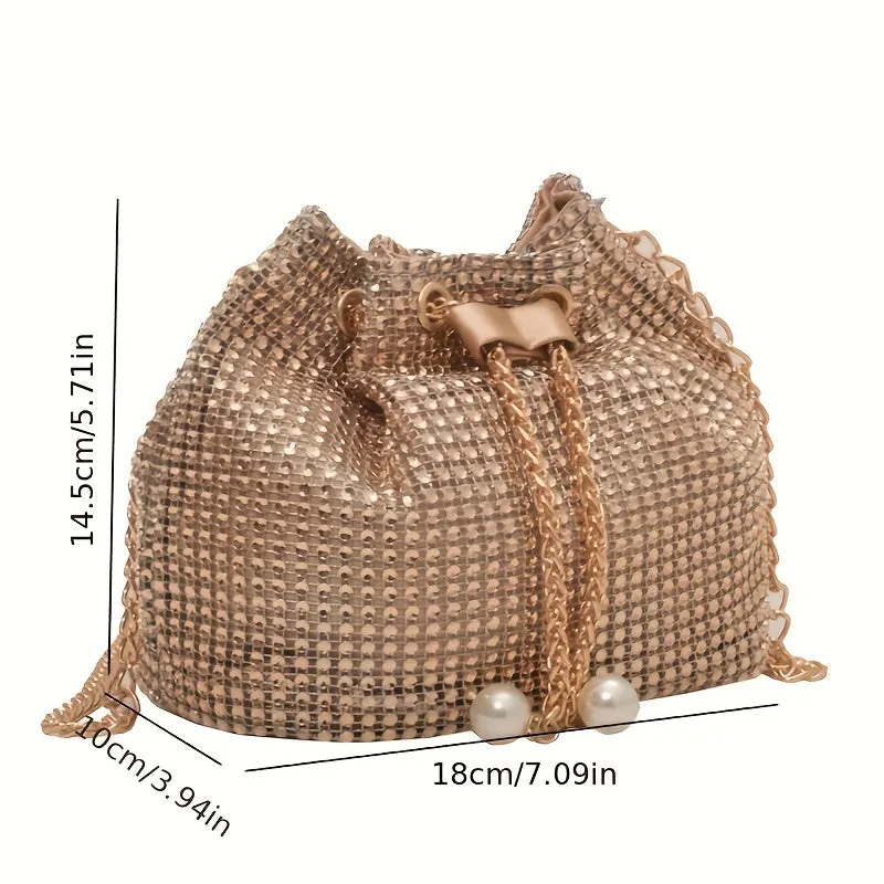 Full Rhinestone Decor Bucket Bag, Drawstring Chain Bag, Women's Classic Banquet Messenger Bag