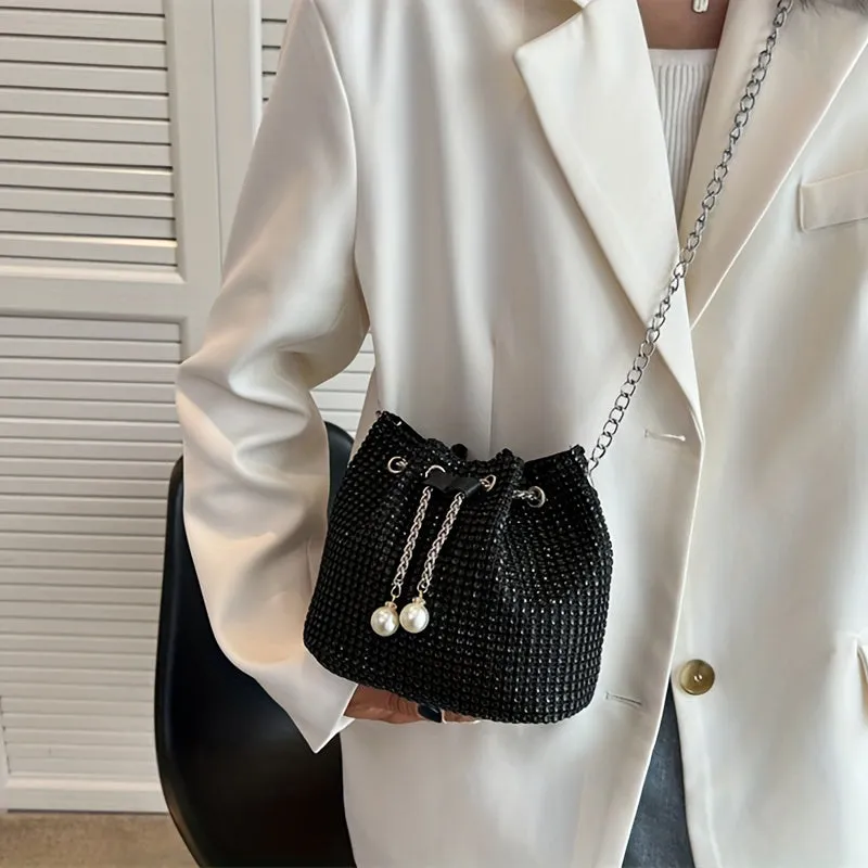 Full Rhinestone Decor Bucket Bag, Drawstring Chain Bag, Women's Classic Banquet Messenger Bag