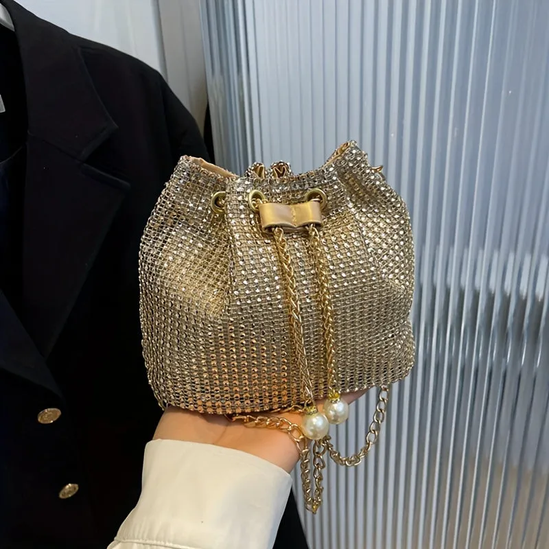 Full Rhinestone Decor Bucket Bag, Drawstring Chain Bag, Women's Classic Banquet Messenger Bag