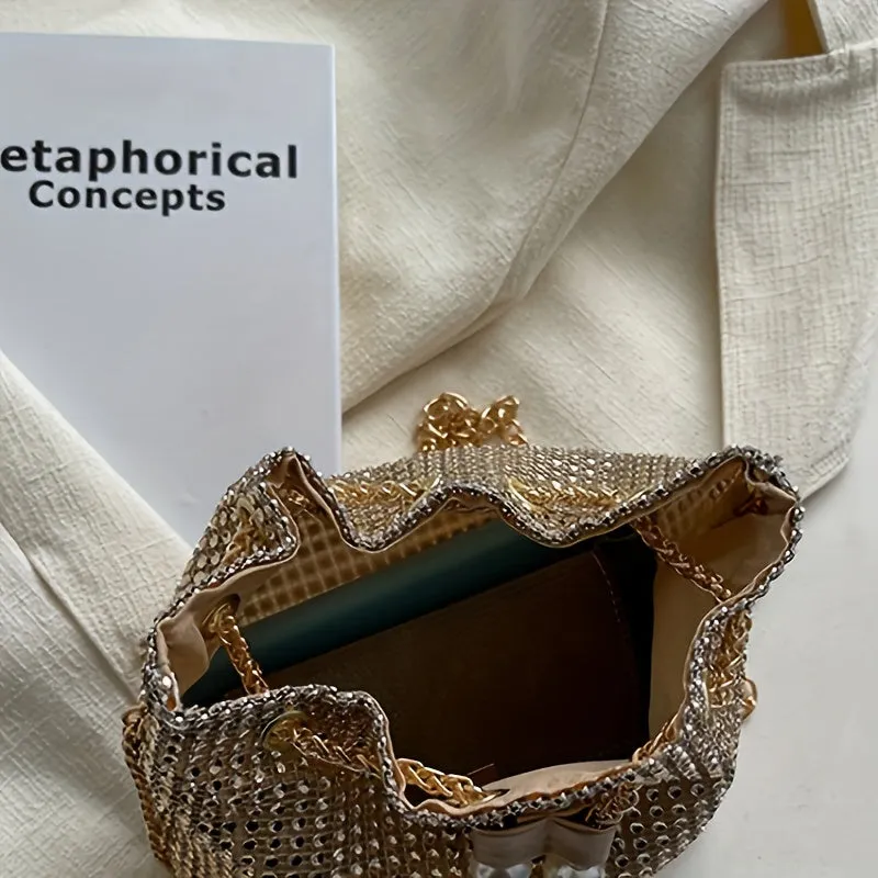 Full Rhinestone Decor Bucket Bag, Drawstring Chain Bag, Women's Classic Banquet Messenger Bag