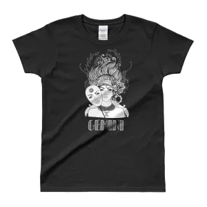 Gemini T Shirt Zodiac Round Neck Black Cotton T-Shirt for Women