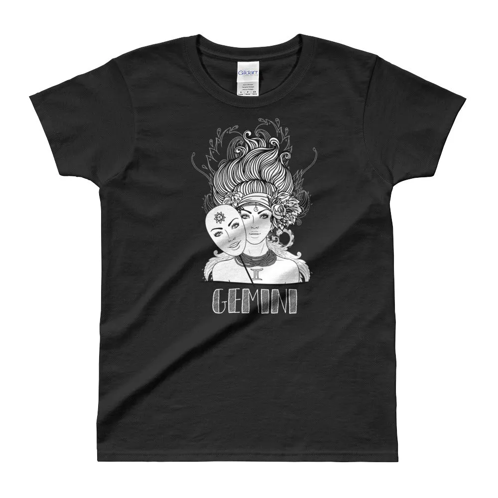 Gemini T Shirt Zodiac Round Neck Black Cotton T-Shirt for Women