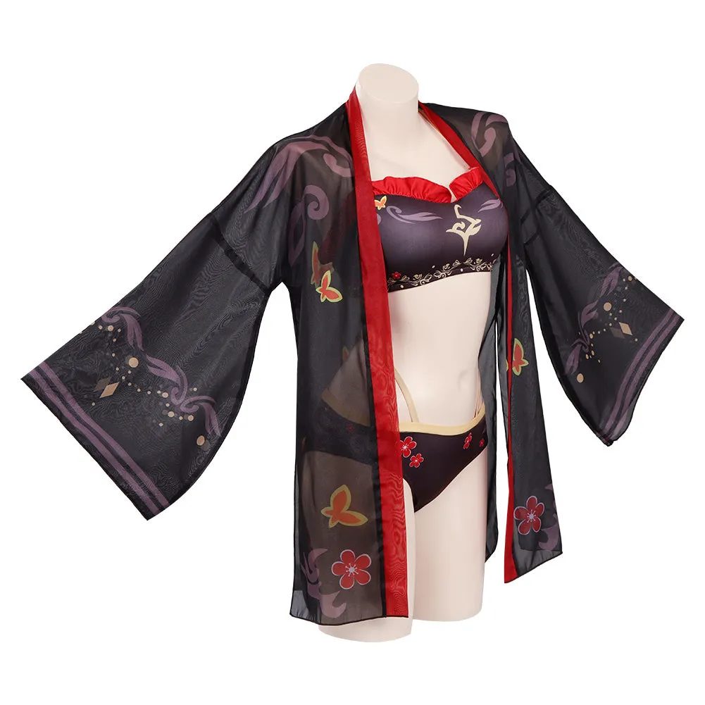 Genshin Impact Hutao Swimsuit Cosplay Costume Women Bikini Top Shorts Cloak Outfits Halloween Carnival Suits