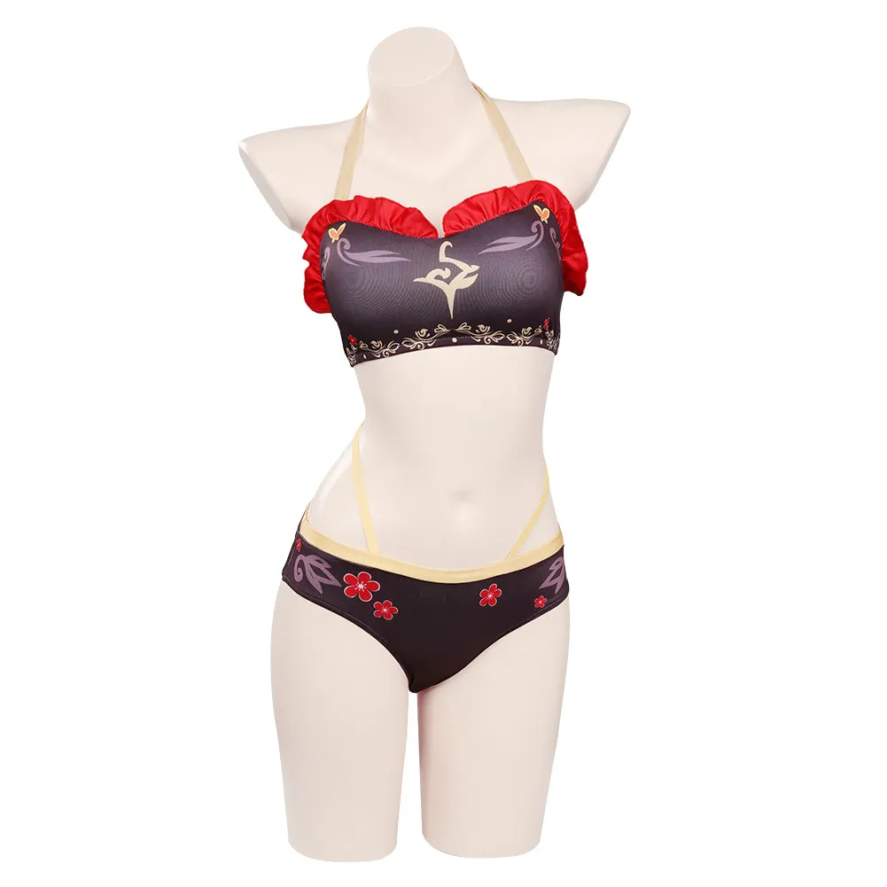 Genshin Impact Hutao Swimsuit Cosplay Costume Women Bikini Top Shorts Cloak Outfits Halloween Carnival Suits