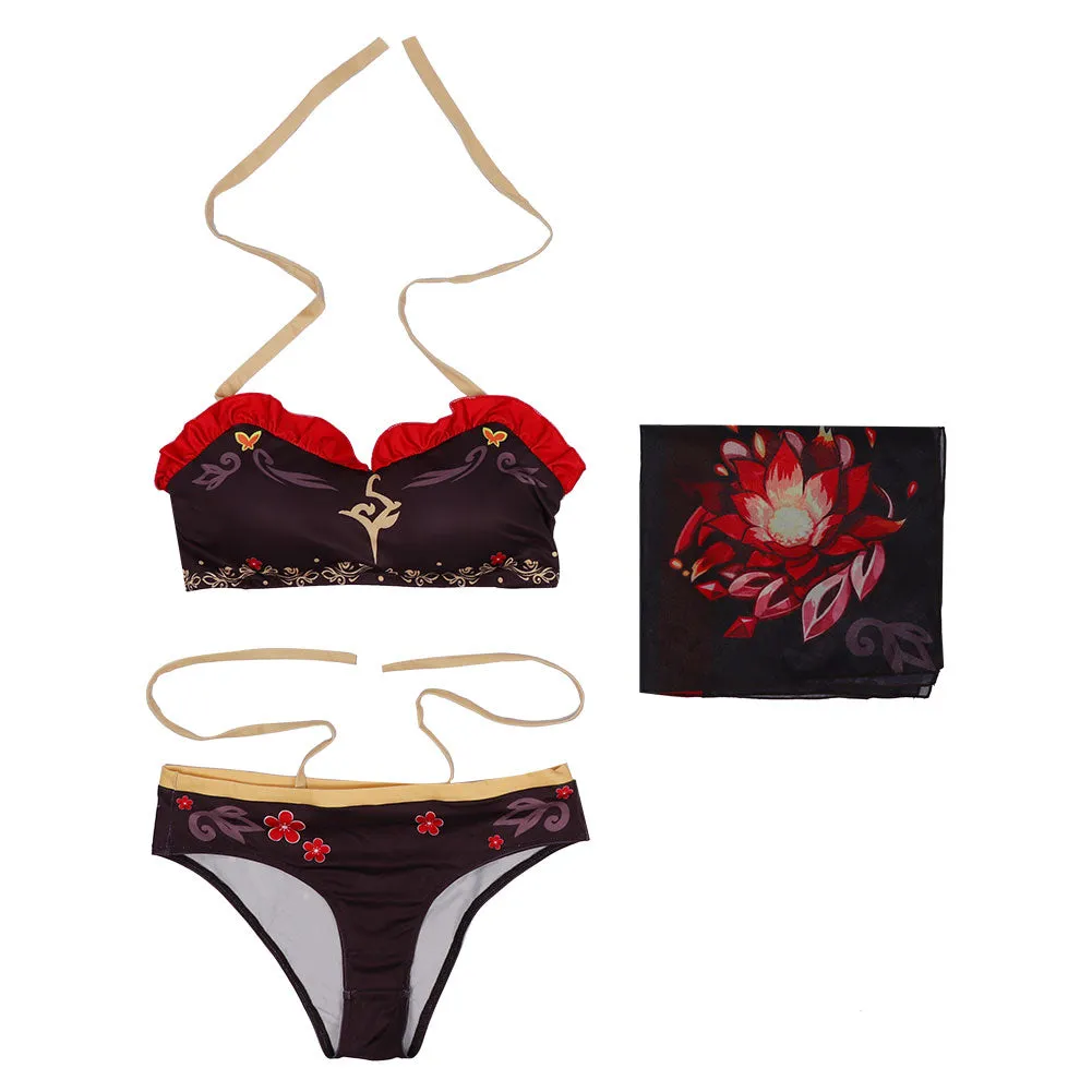 Genshin Impact Hutao Swimsuit Cosplay Costume Women Bikini Top Shorts Cloak Outfits Halloween Carnival Suits