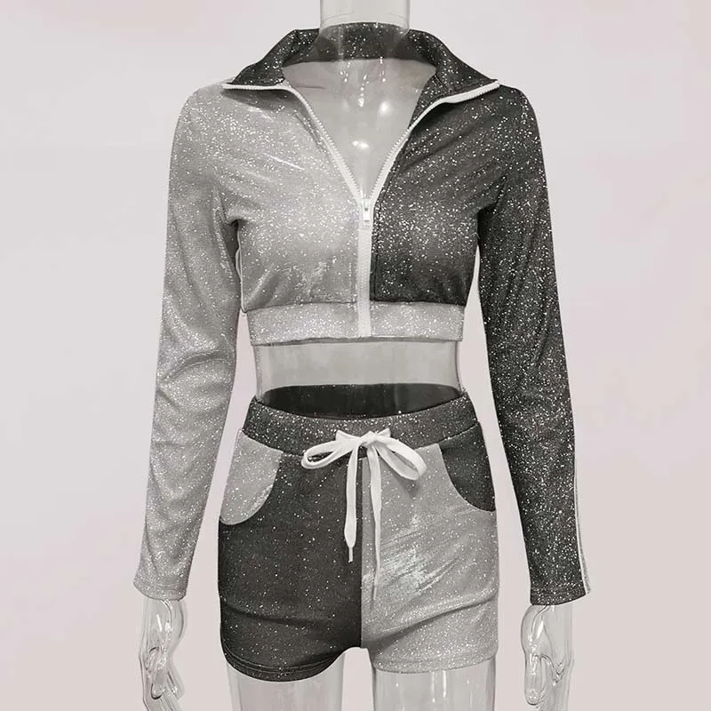Glitter Long Sleeve Zipper Design Two Piece Shorts Set