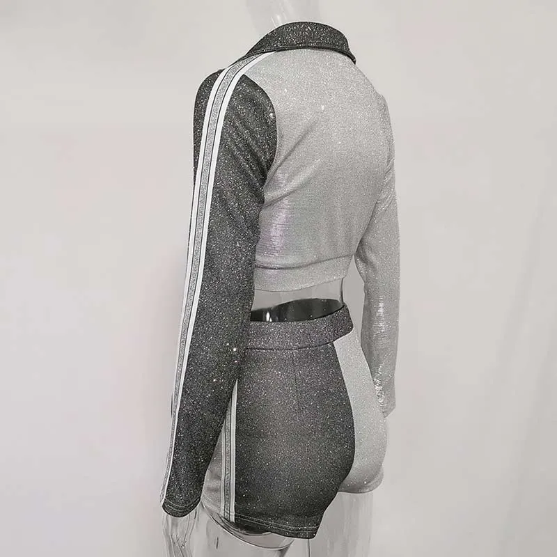 Glitter Long Sleeve Zipper Design Two Piece Shorts Set