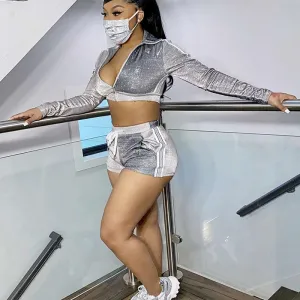 Glitter Long Sleeve Zipper Design Two Piece Shorts Set