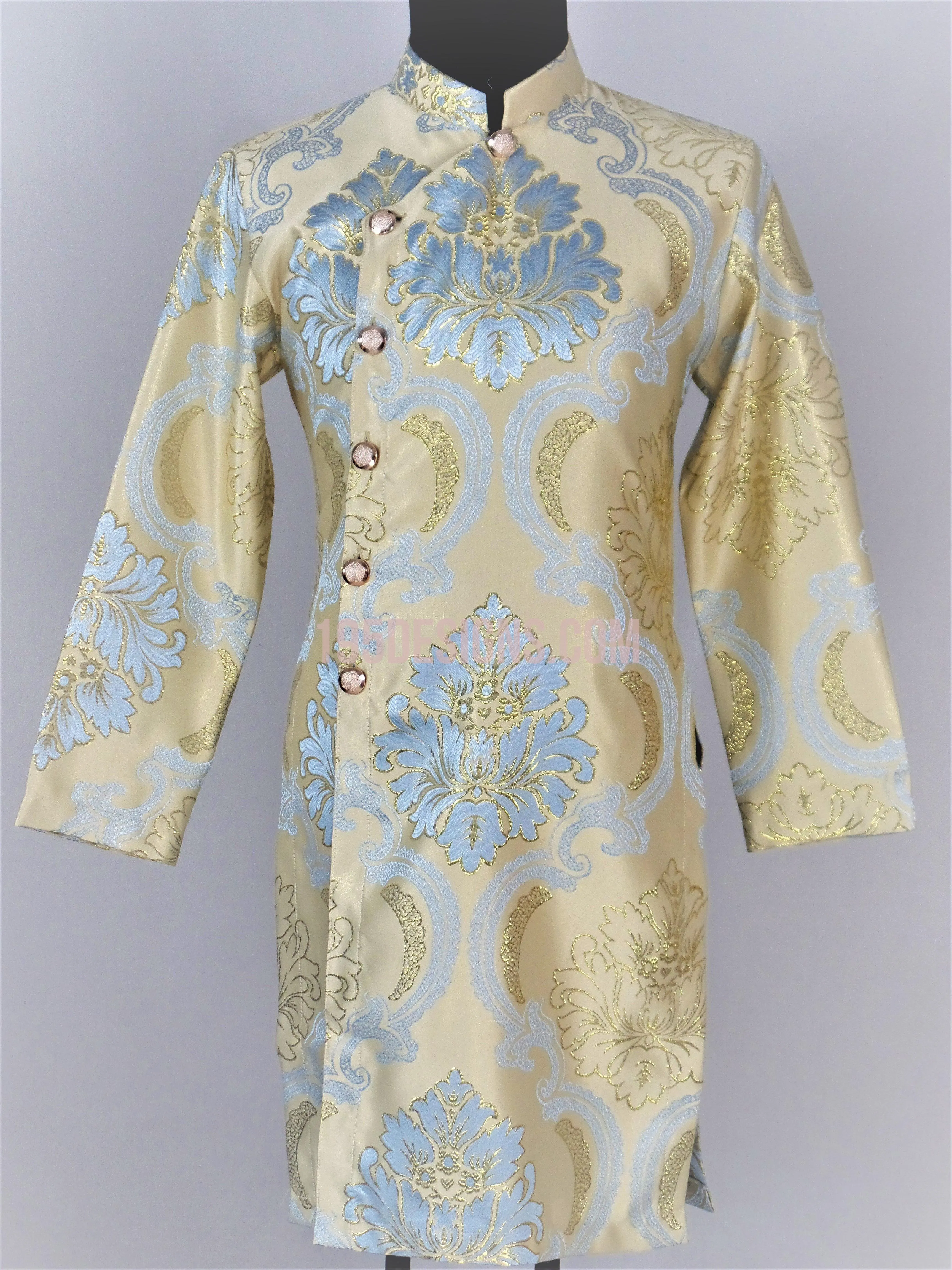 Gold and Blue Ao Dai Men -  Áo Dài Nam Gấm Vàng Xanh