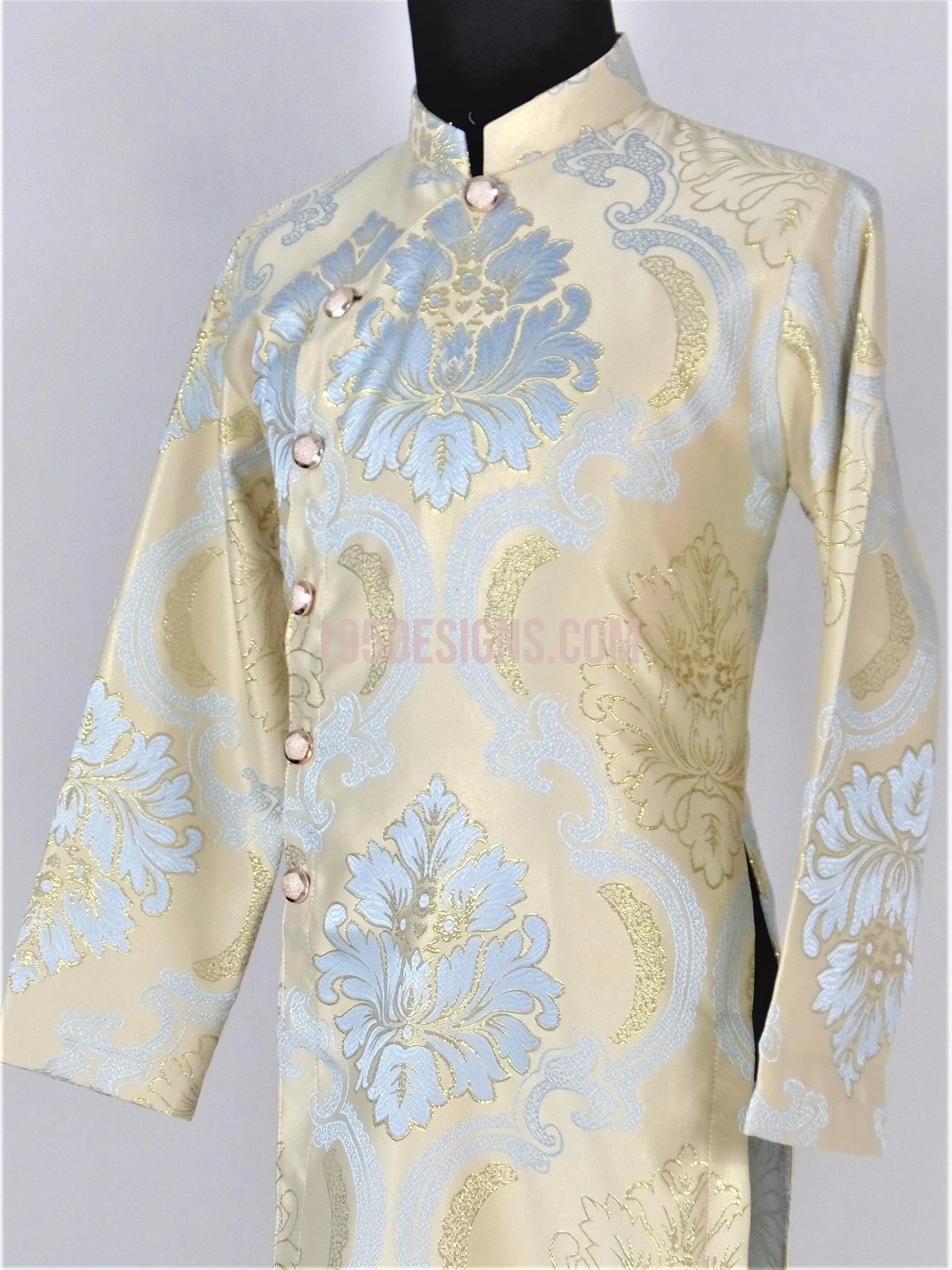 Gold and Blue Ao Dai Men -  Áo Dài Nam Gấm Vàng Xanh