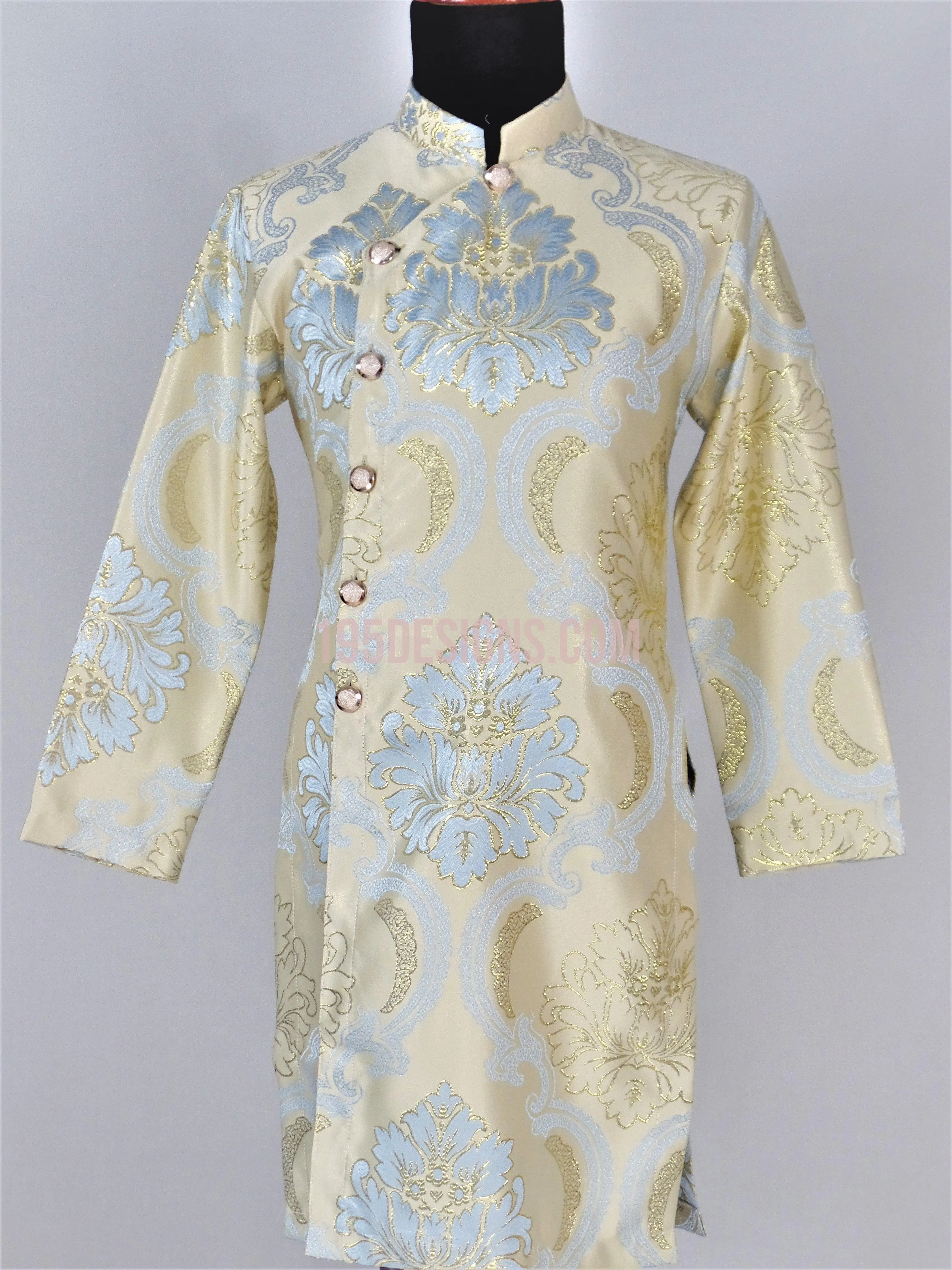 Gold and Blue Ao Dai Men -  Áo Dài Nam Gấm Vàng Xanh