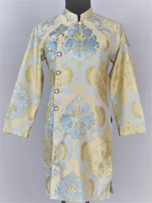 Gold and Blue Ao Dai Men -  Áo Dài Nam Gấm Vàng Xanh