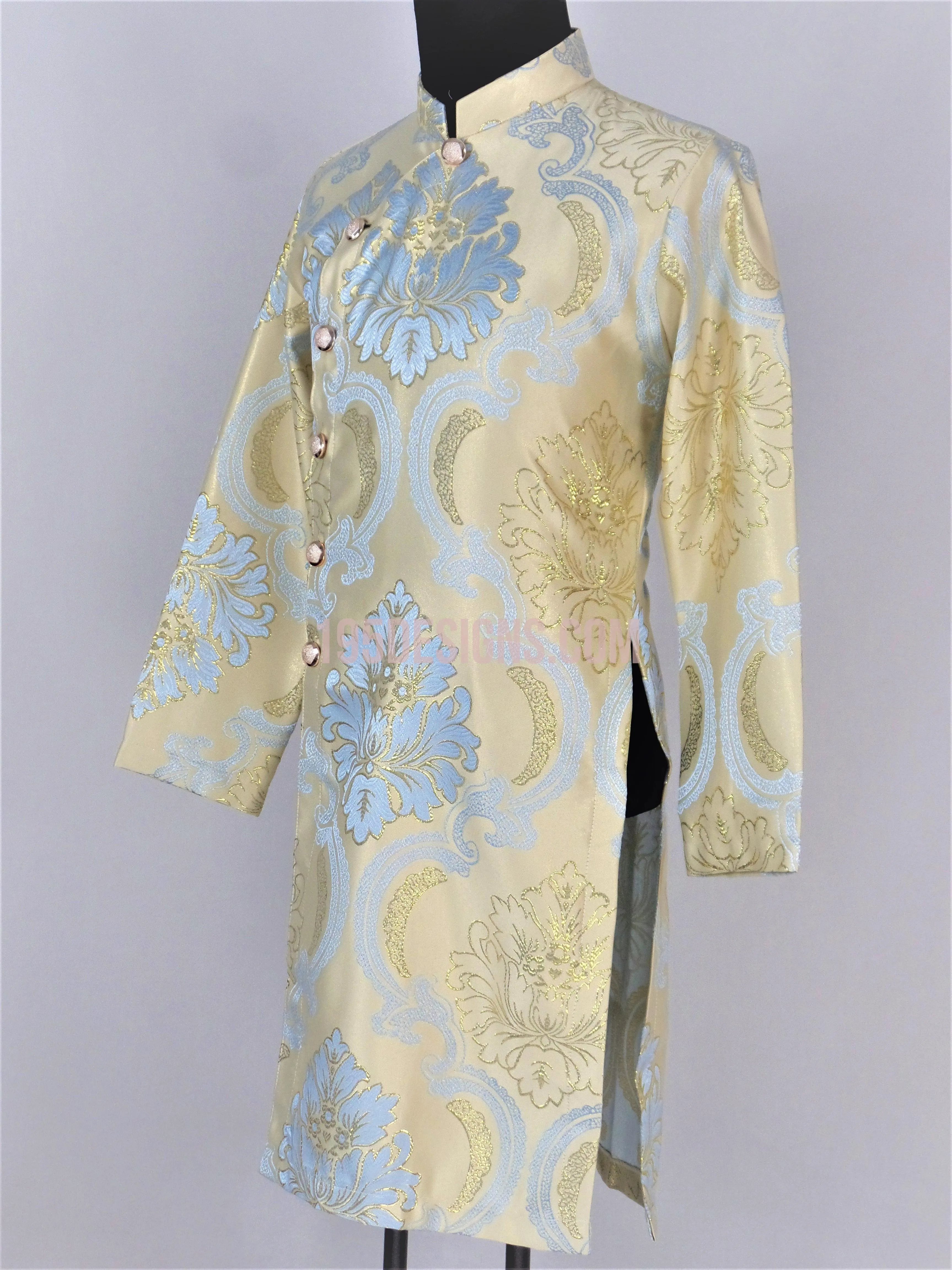 Gold and Blue Ao Dai Men -  Áo Dài Nam Gấm Vàng Xanh