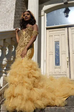 Gold Beads Appliques Fit and Flare Prom Dresses Off-the-Shoulder Tulle Ruffles Evening Gowns