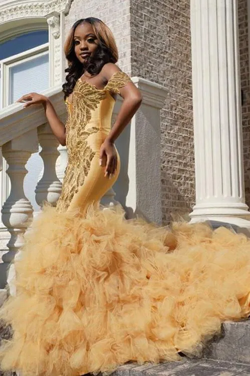 Gold Beads Appliques Fit and Flare Prom Dresses Off-the-Shoulder Tulle Ruffles Evening Gowns
