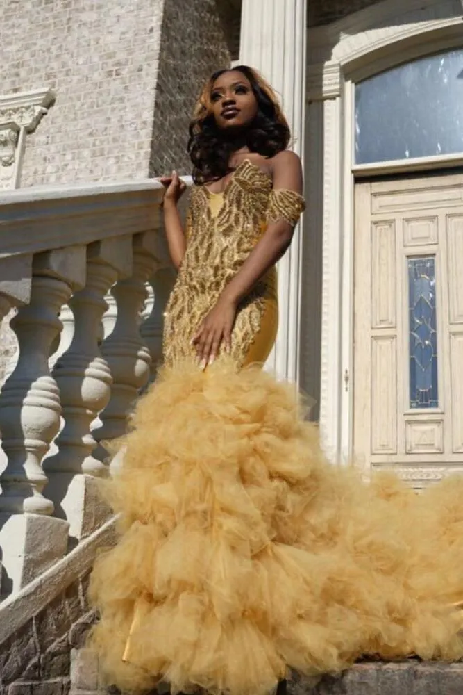 Gold Beads Appliques Fit and Flare Prom Dresses Off-the-Shoulder Tulle Ruffles Evening Gowns
