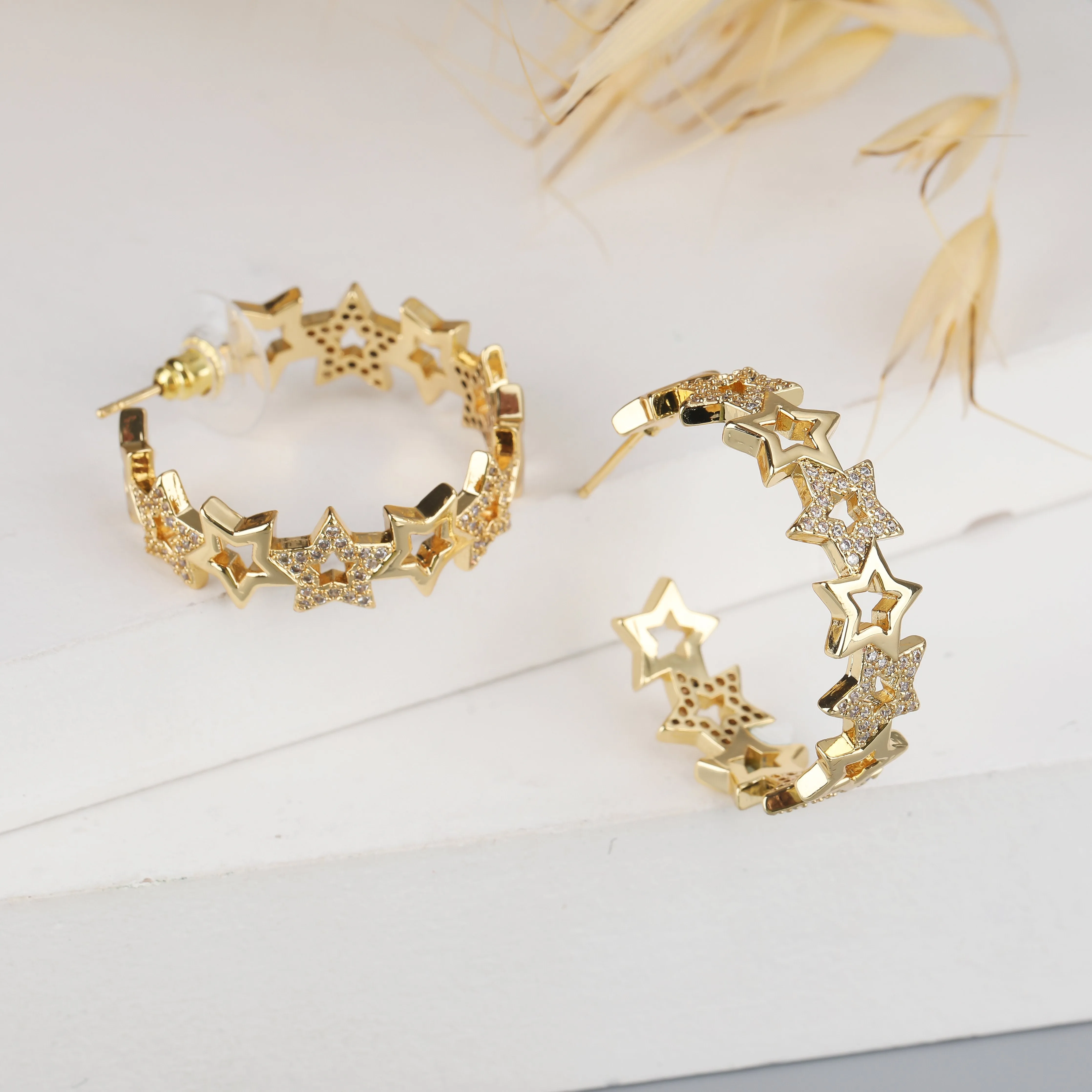 Gold Plated Trendy Micro Pave Star Hoop Earring