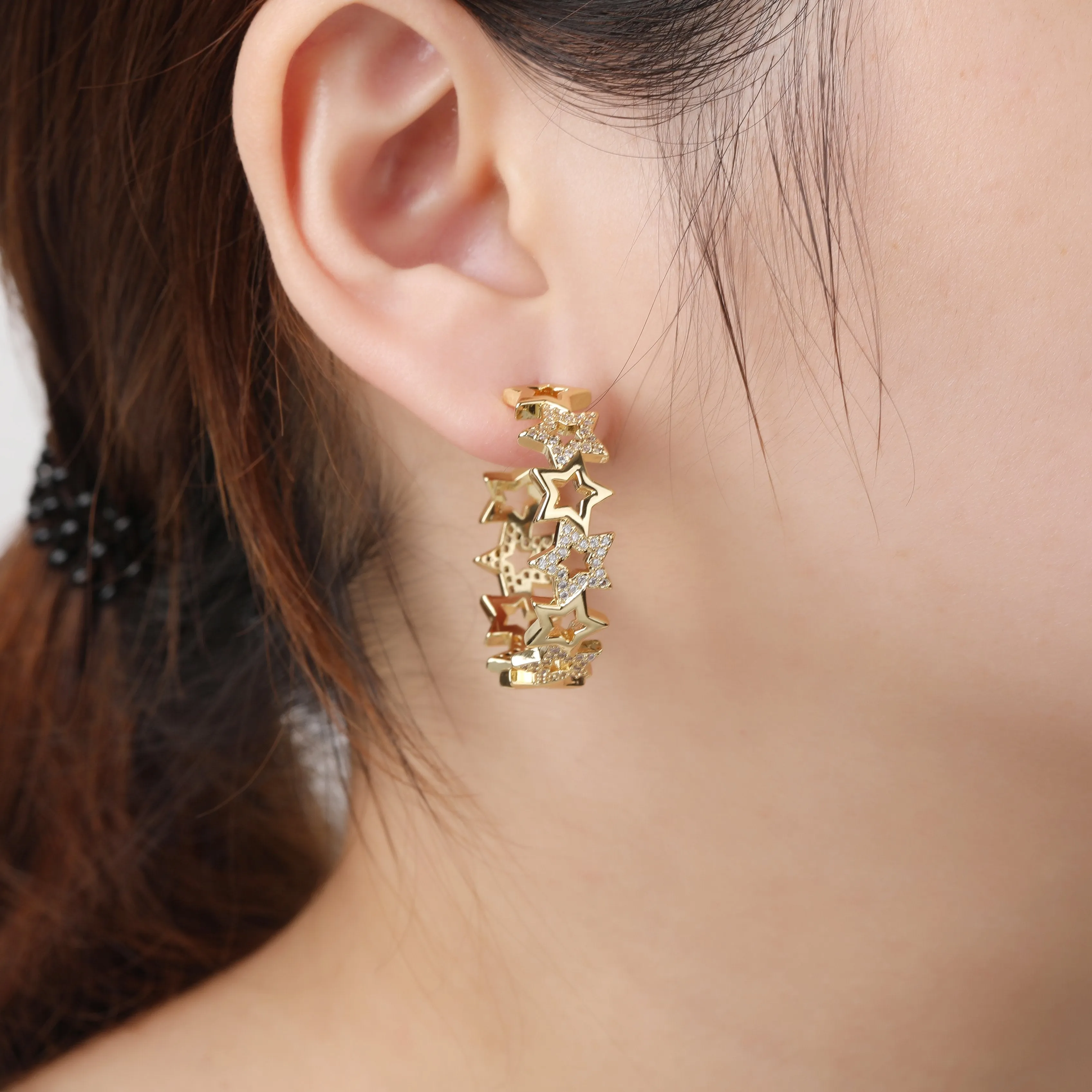Gold Plated Trendy Micro Pave Star Hoop Earring