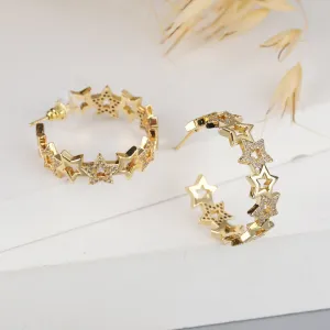 Gold Plated Trendy Micro Pave Star Hoop Earring