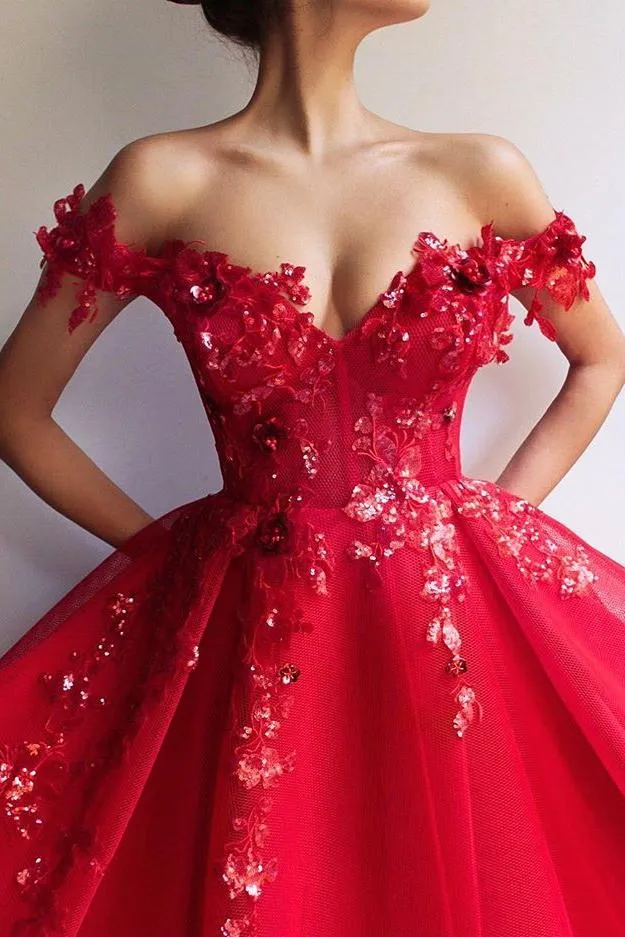 Gorgeous Ball Gown Off-the-Shoulder Applique Flowers Evening Dresses