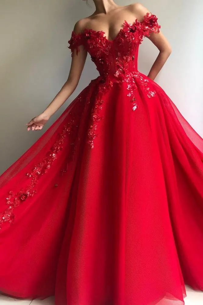 Gorgeous Ball Gown Off-the-Shoulder Applique Flowers Evening Dresses