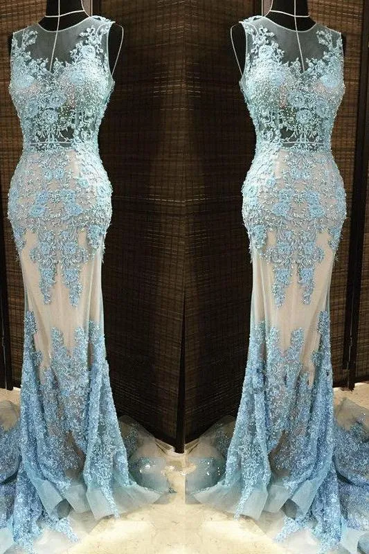 Gorgeous Column Sleleveless Long Evening Dresses Lace Appliques Beading Chic Prom Party Gowns with Overskirt