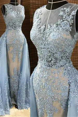 Gorgeous Column Sleleveless Long Evening Dresses Lace Appliques Beading Chic Prom Party Gowns with Overskirt