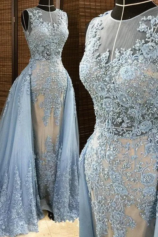 Gorgeous Column Sleleveless Long Evening Dresses Lace Appliques Beading Chic Prom Party Gowns with Overskirt